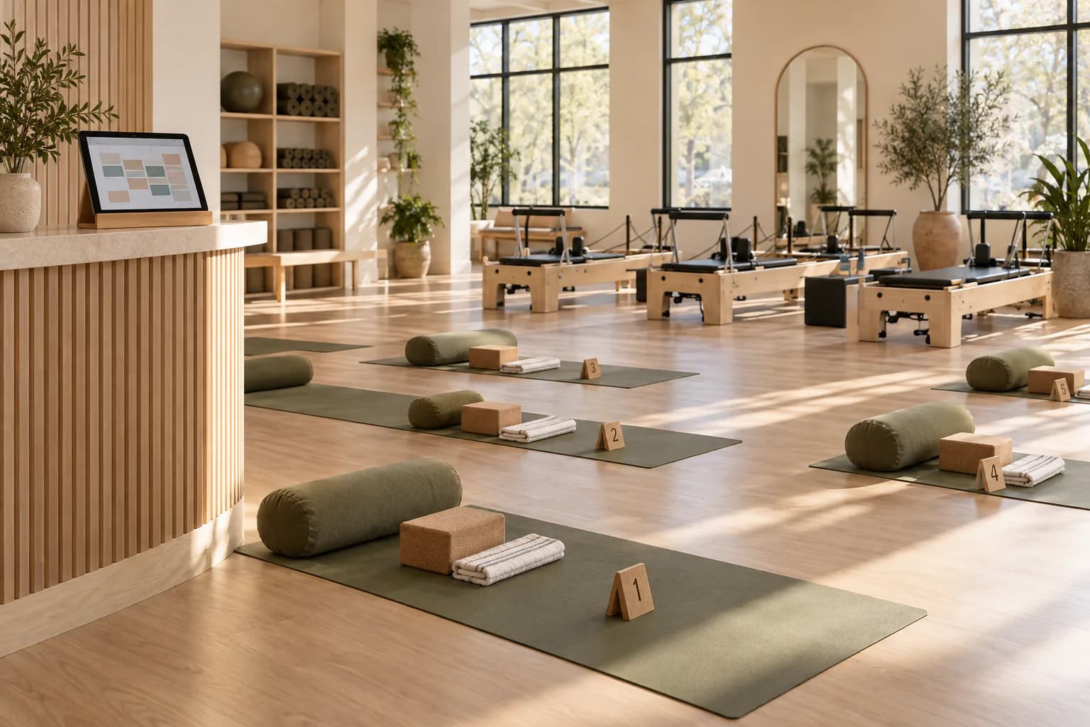 Prepared yoga mats and Pilates machines arranged in a bright studio with an abstract schedule on a tablet