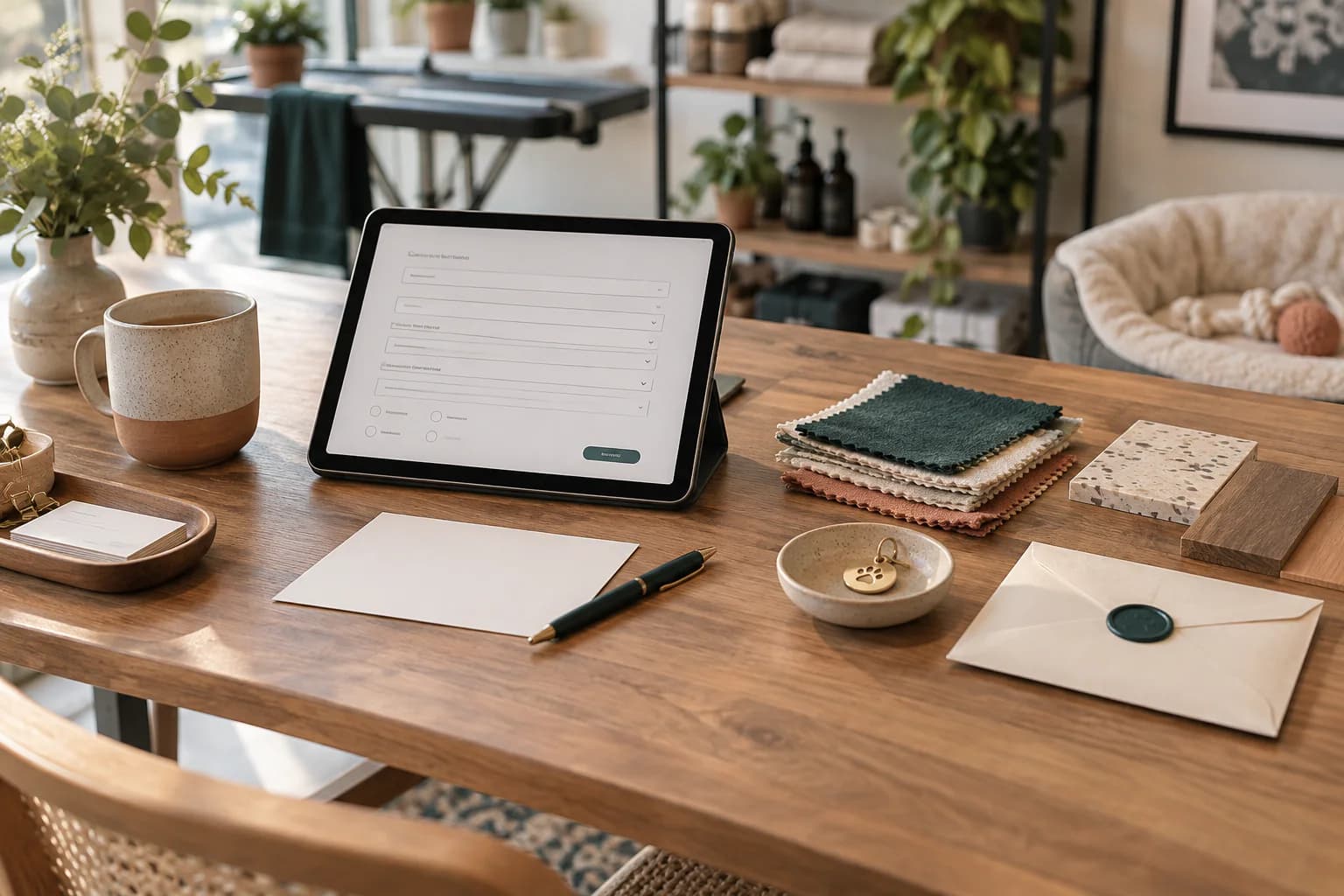 Tablet intake form with material samples, pet tag, blank card, pen, and aftercare envelope on a studio worktable