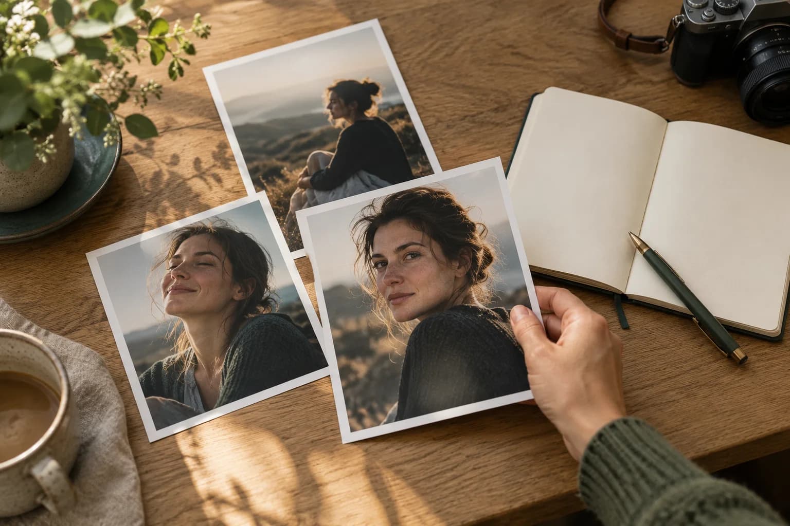 Portrait prints and an open notebook arranged for reviewing a photography client experience