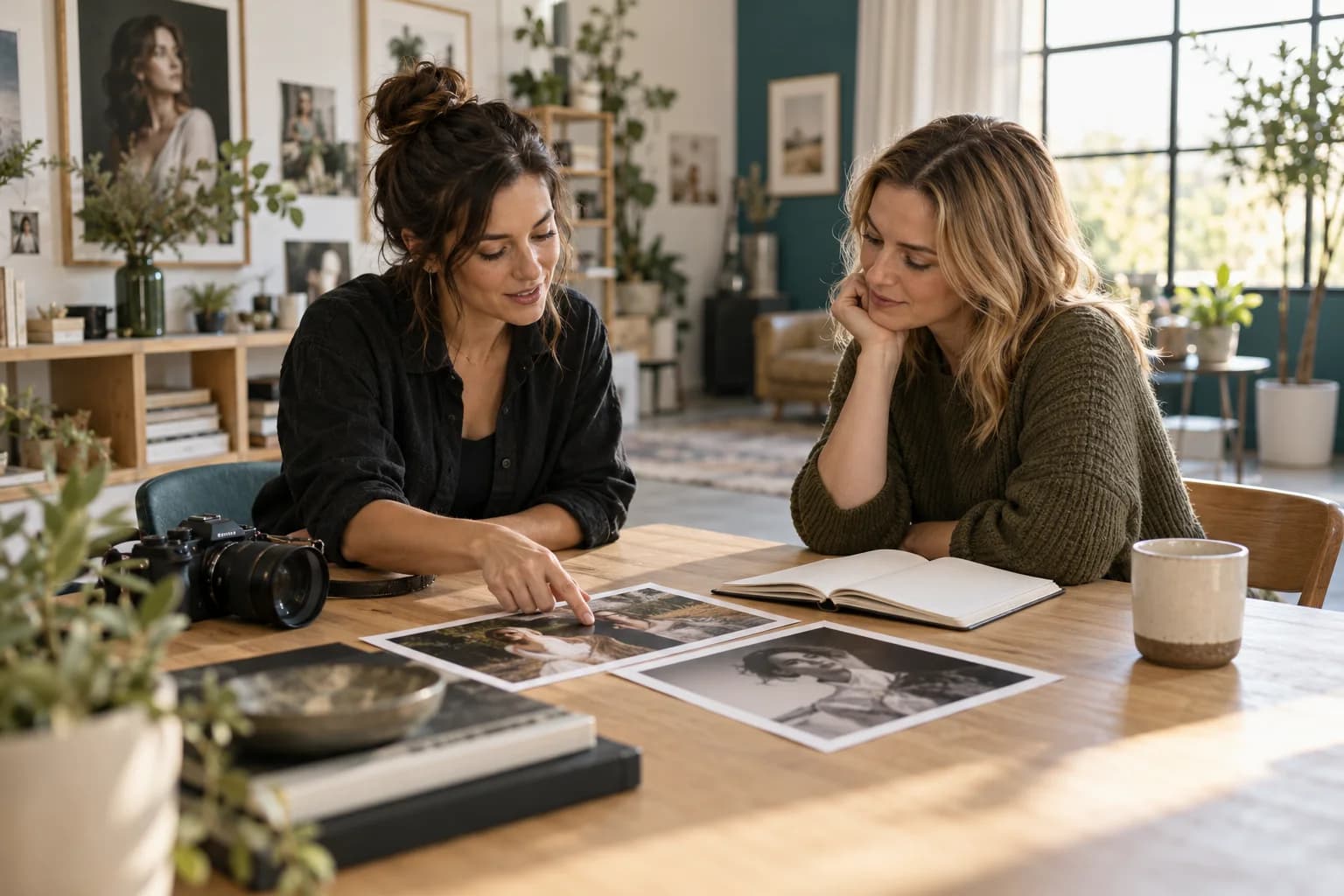 Photographer and client discussing portrait prints at a sunlit studio table