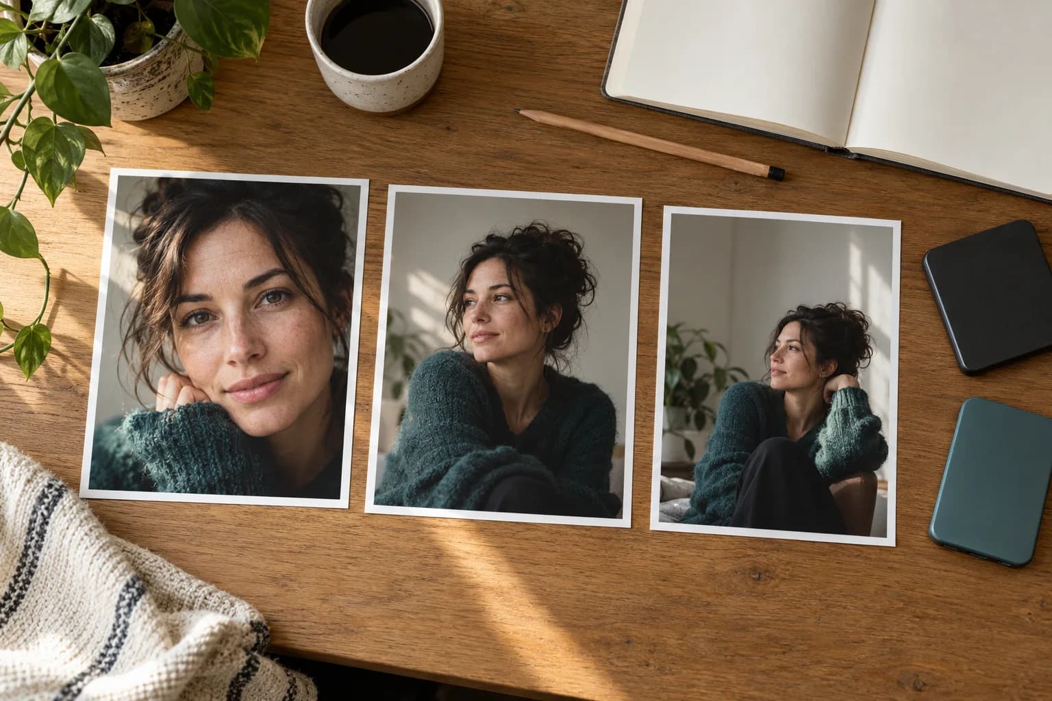 Three portrait prints arranged beside a blank notebook and storage drives on an editing desk