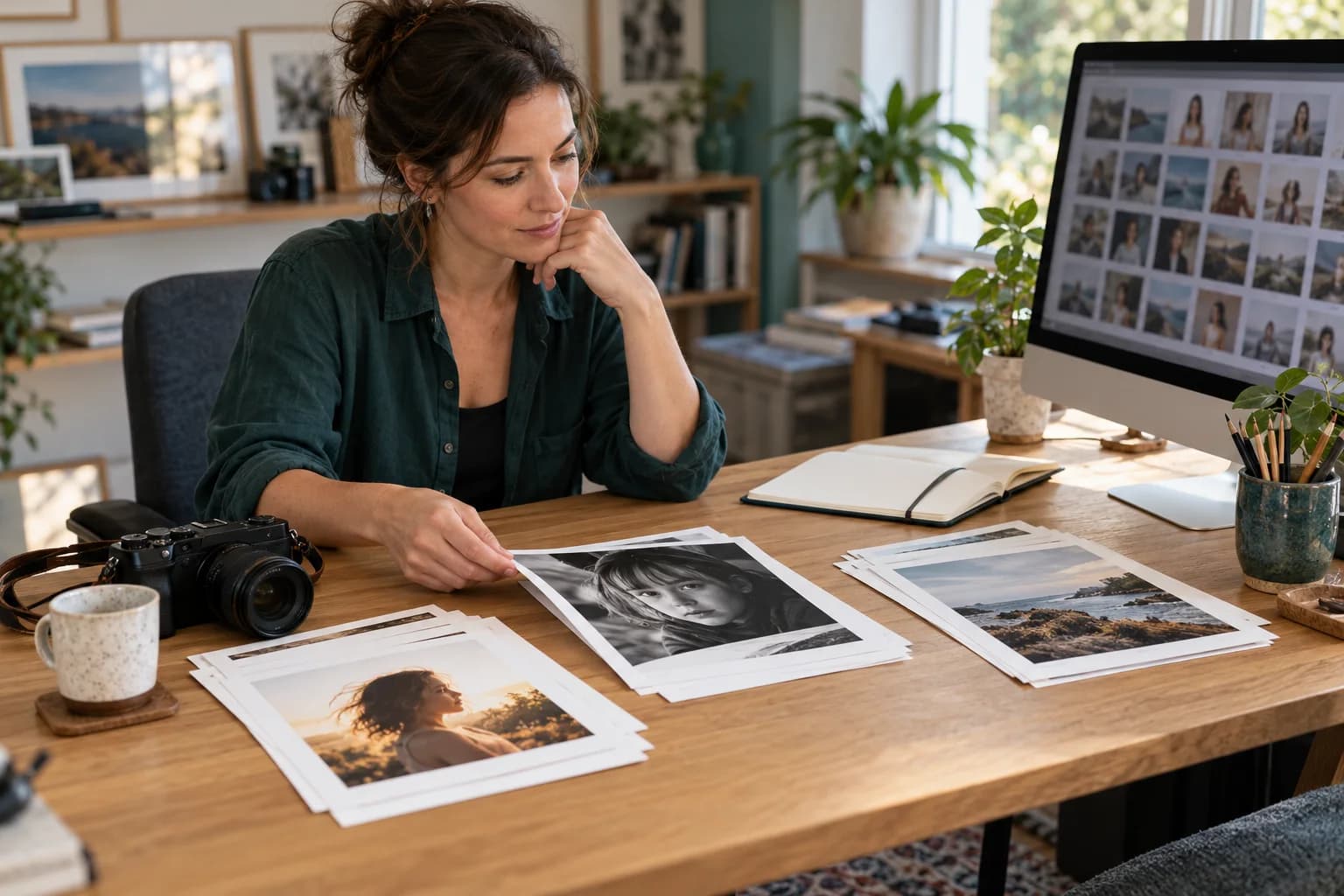 Photographer organizing portrait prints and an editing workspace in a naturally lit studio