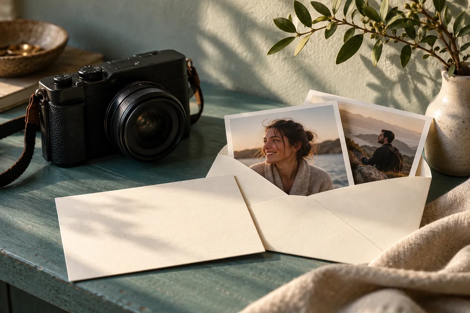 Camera, portrait prints and a blank correspondence card arranged on a studio shelf