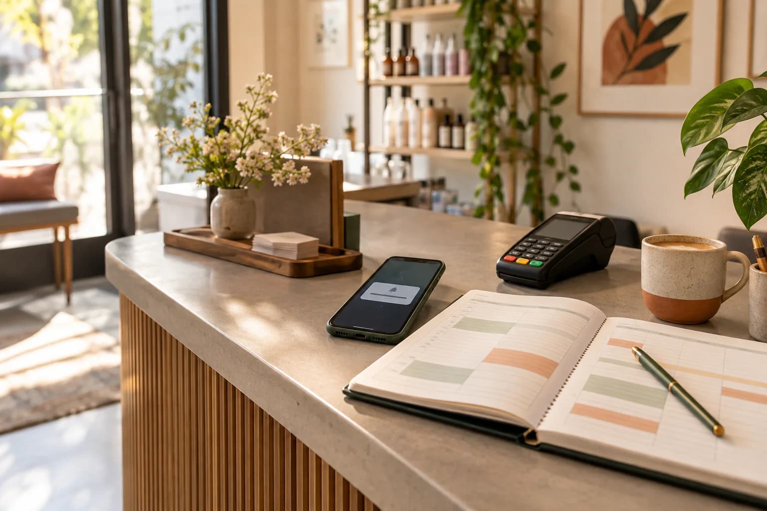 Appointment planner, reminder phone, and payment terminal arranged on a warm service-business reception desk