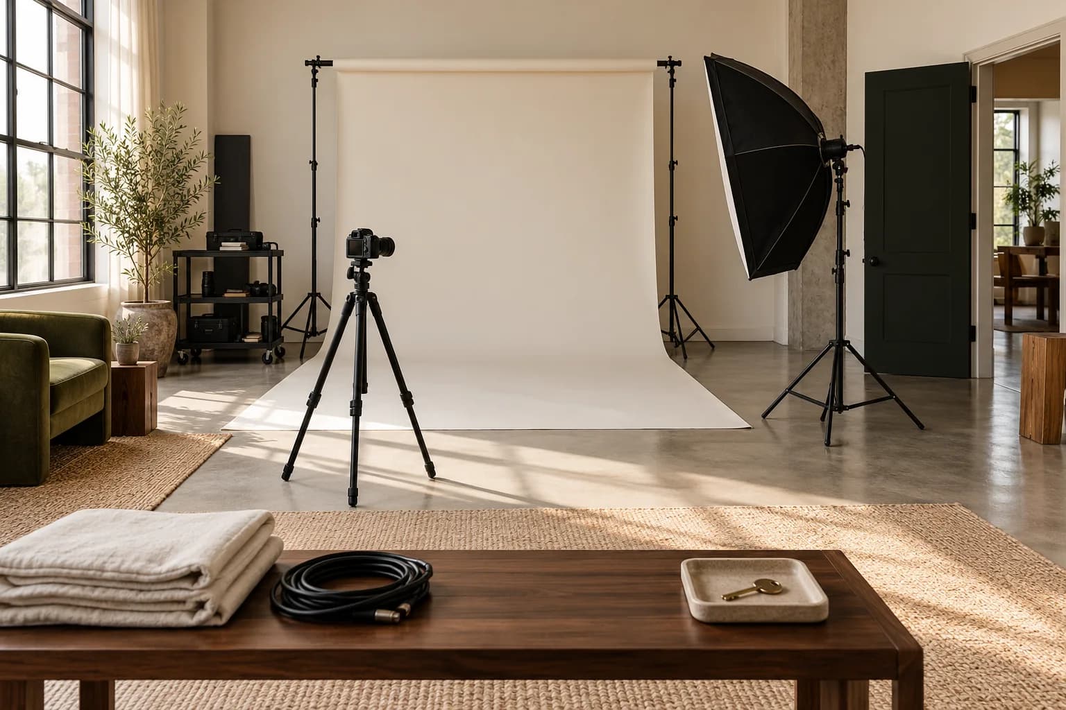 Prepared rental photography studio with a backdrop, softbox, tripod, and neatly stored equipment