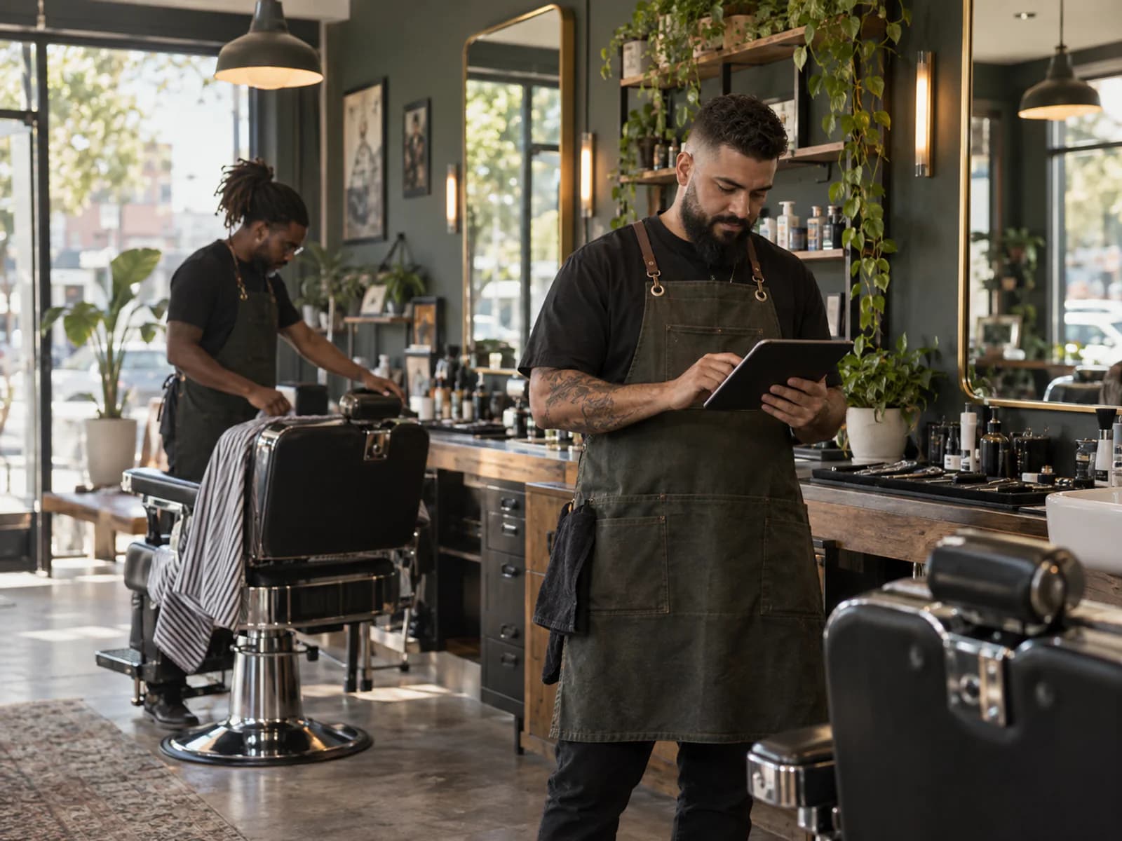 Barber shop owner and barber reviewing the booking schedule at the front desk