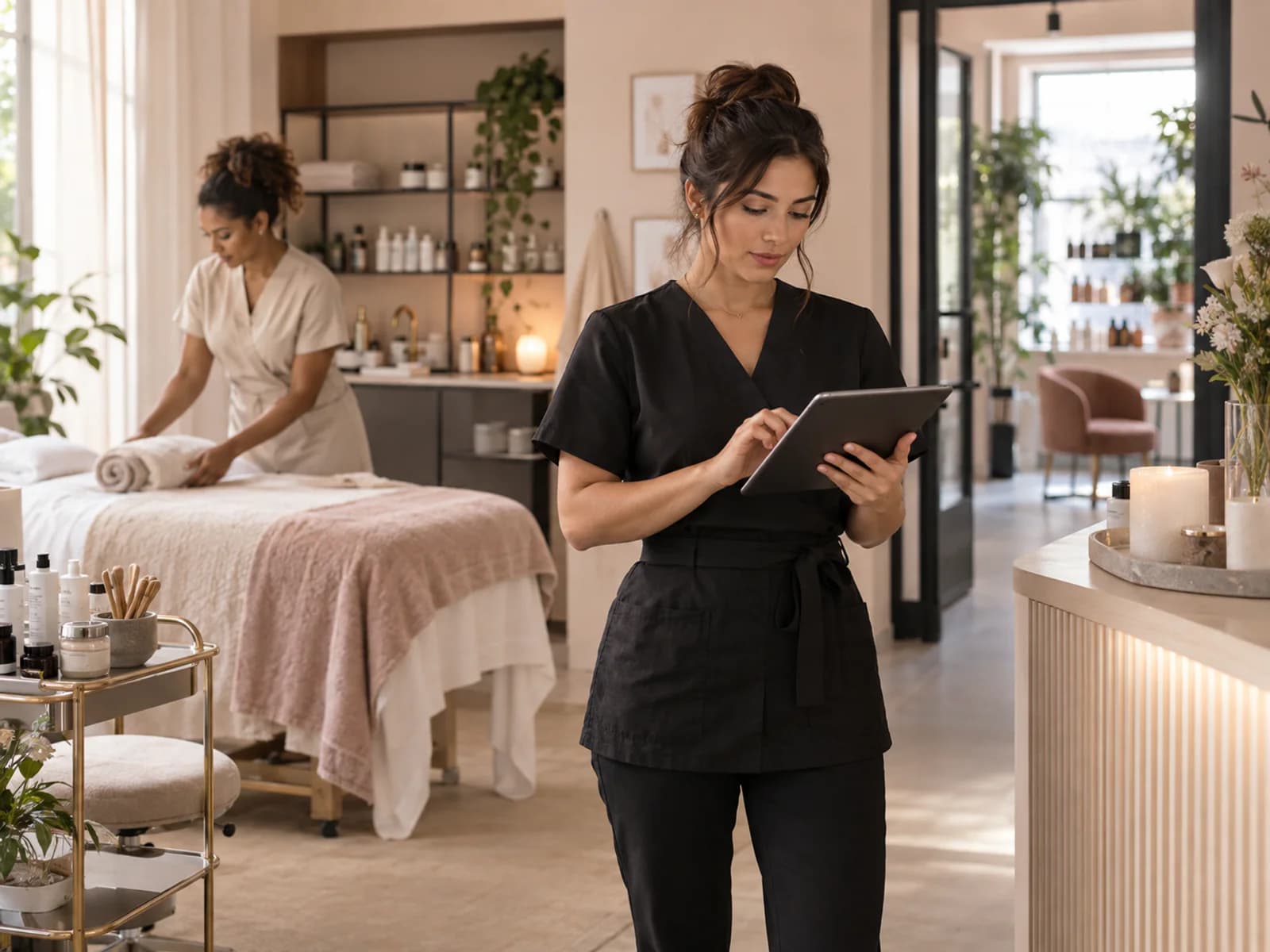 Beauty studio owner coordinating appointments and client notes with two specialists