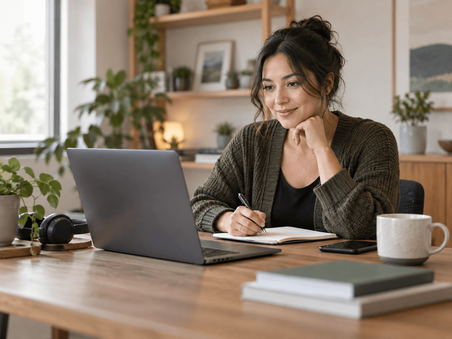 Customer-success specialist listening during a support call and taking notes