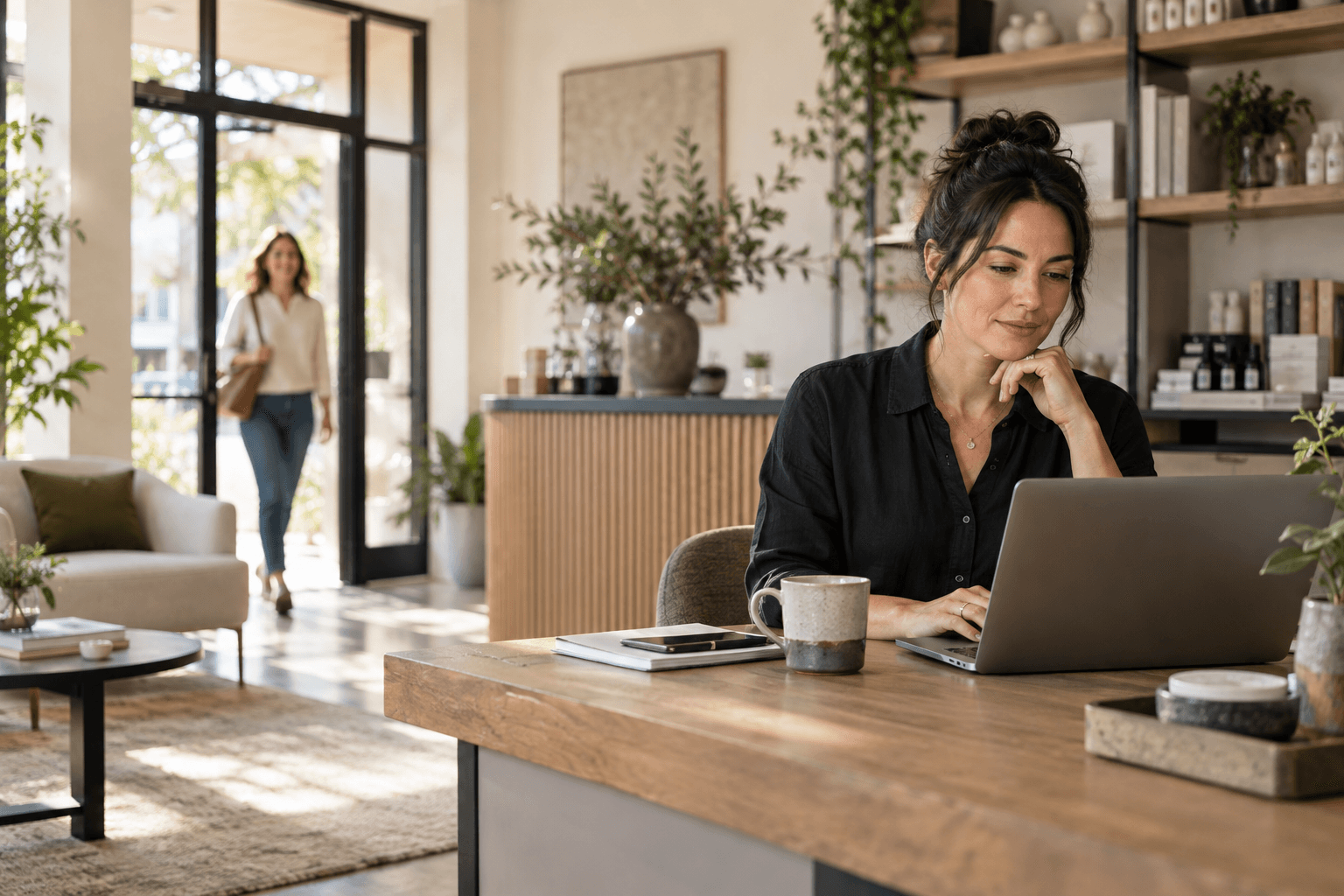 Independent service-business owner reviewing appointments at a welcoming client workspace