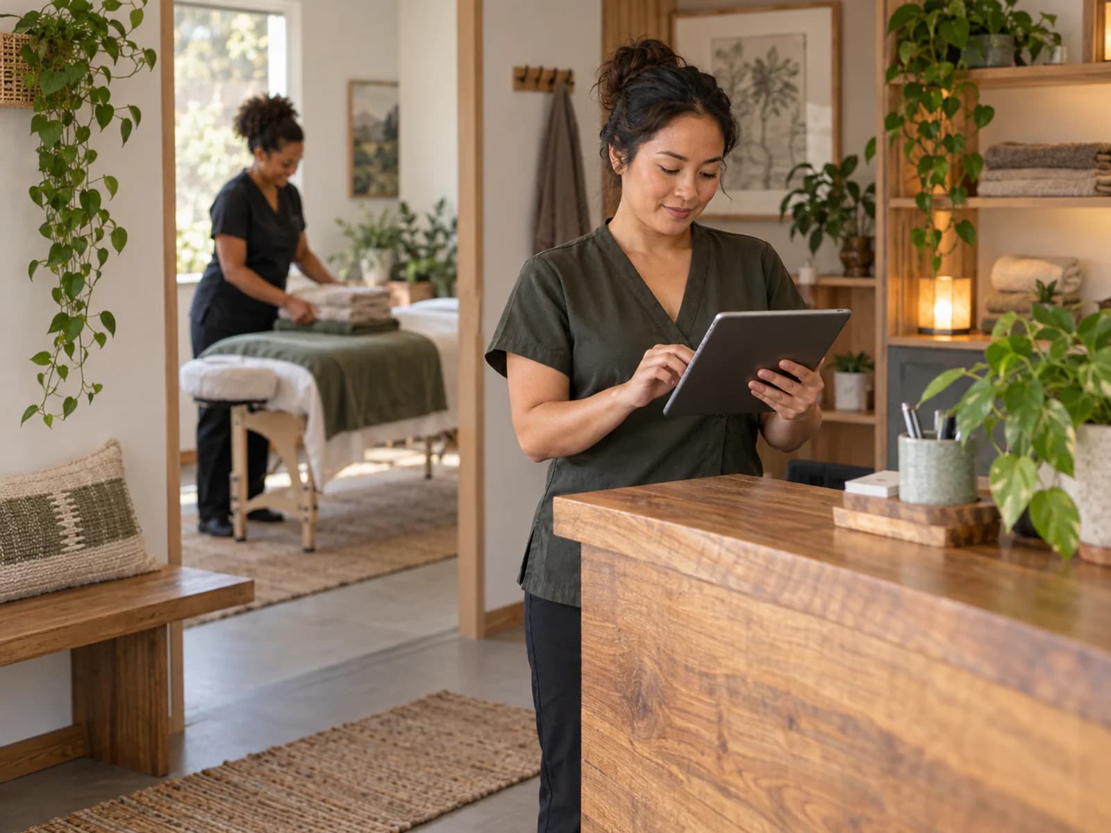 Massage practice owner reviewing appointment availability and client intake notes on a tablet