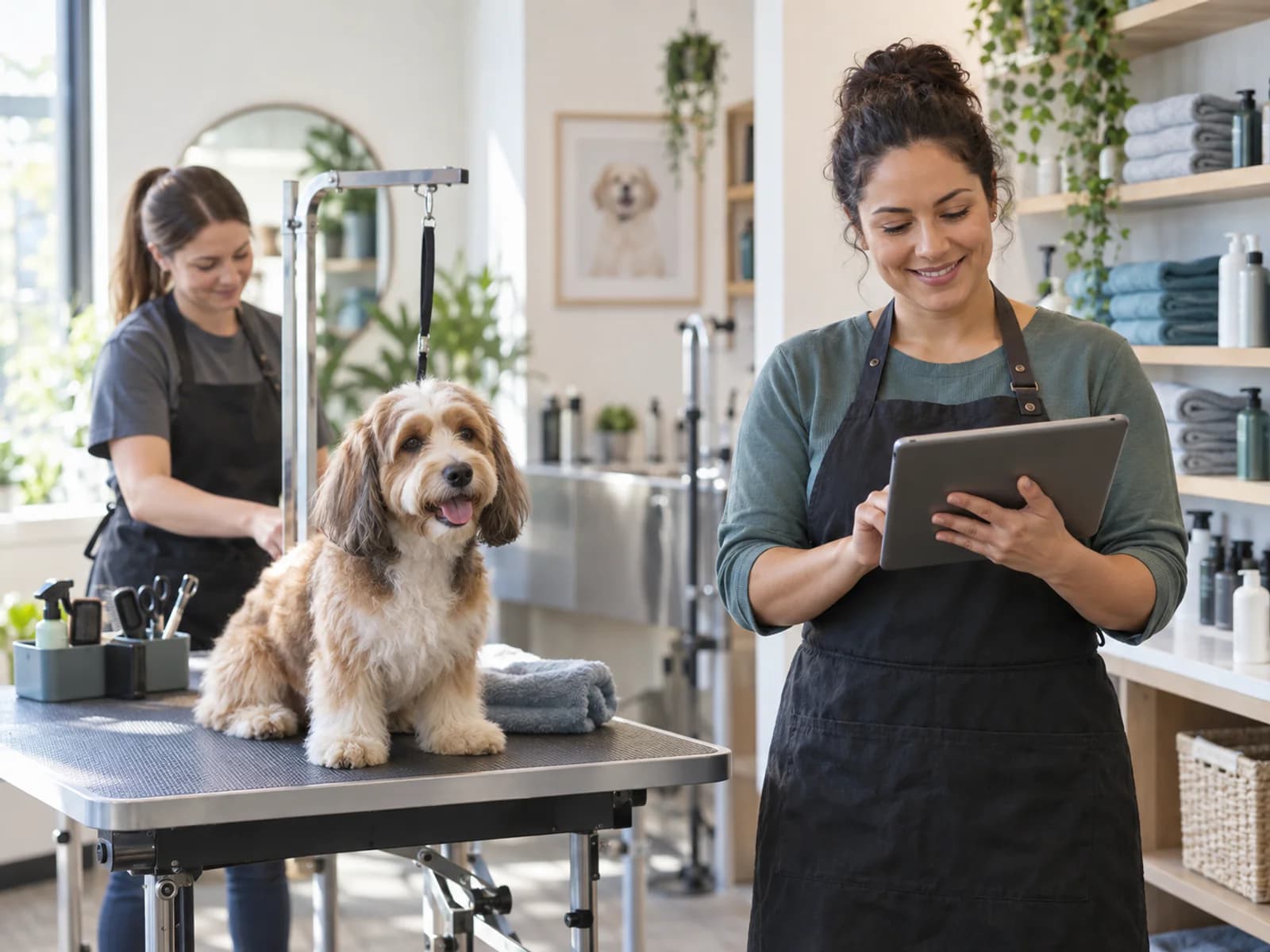 Pet grooming studio owner reviewing appointments and pet care notes beside a calm dog