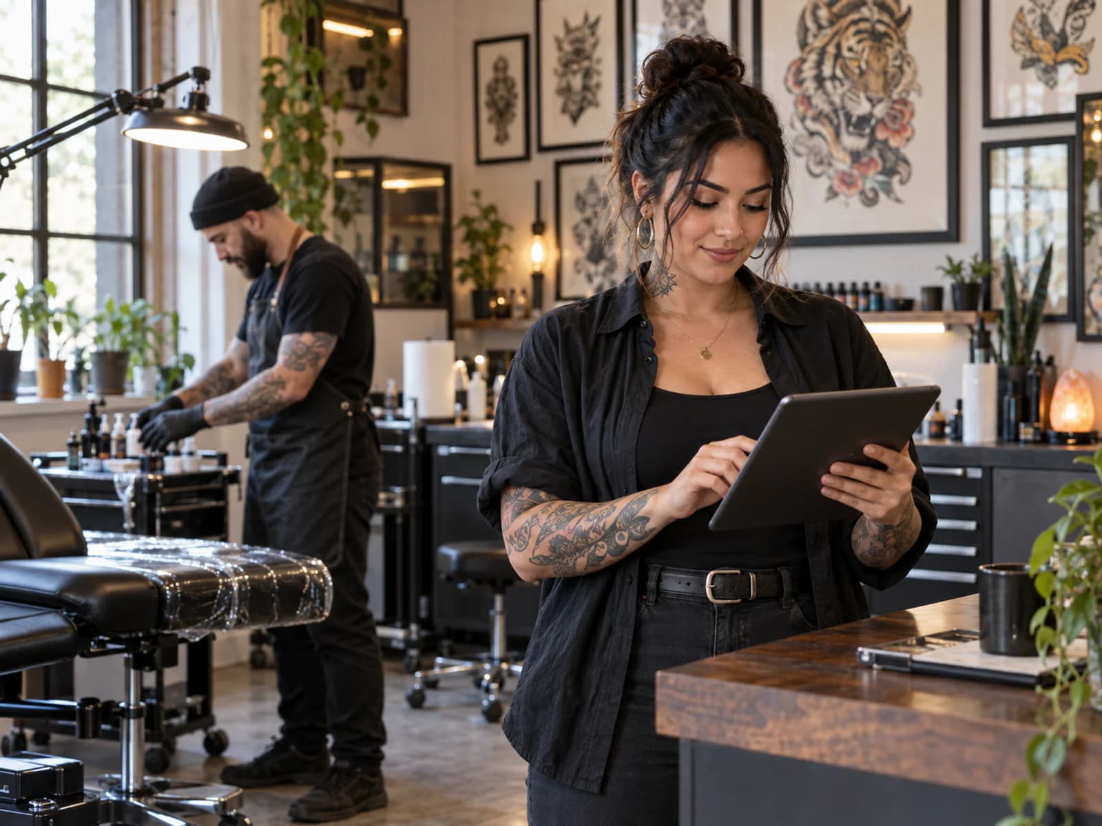 Tattoo studio owner reviewing appointments and client reference notes on a tablet in a refined studio