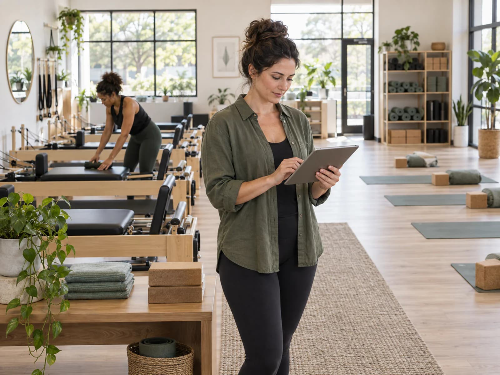Yoga and Pilates studio owner coordinating class schedules and capacity on a tablet
