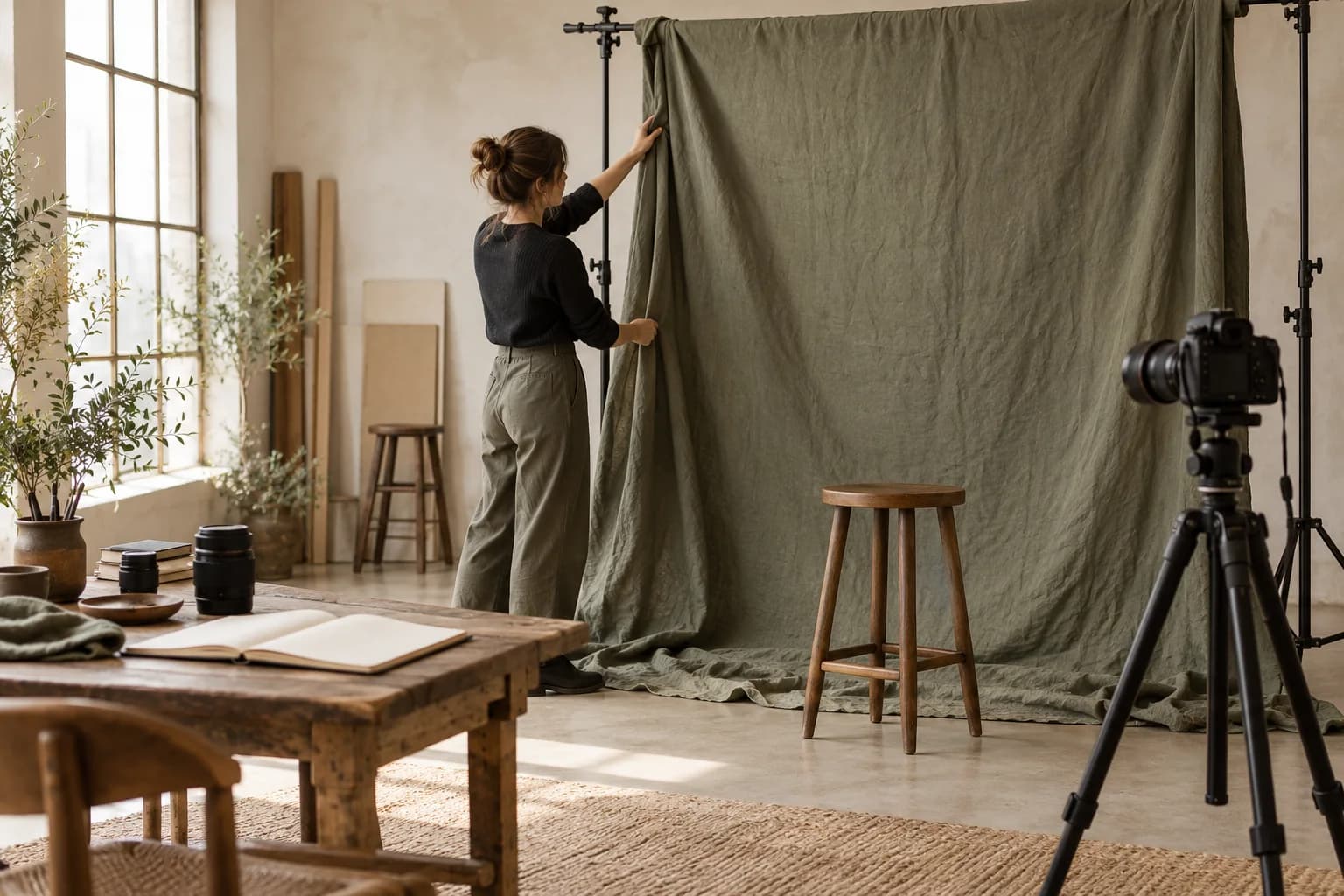 Photographer preparing a linen backdrop and camera for a portrait session