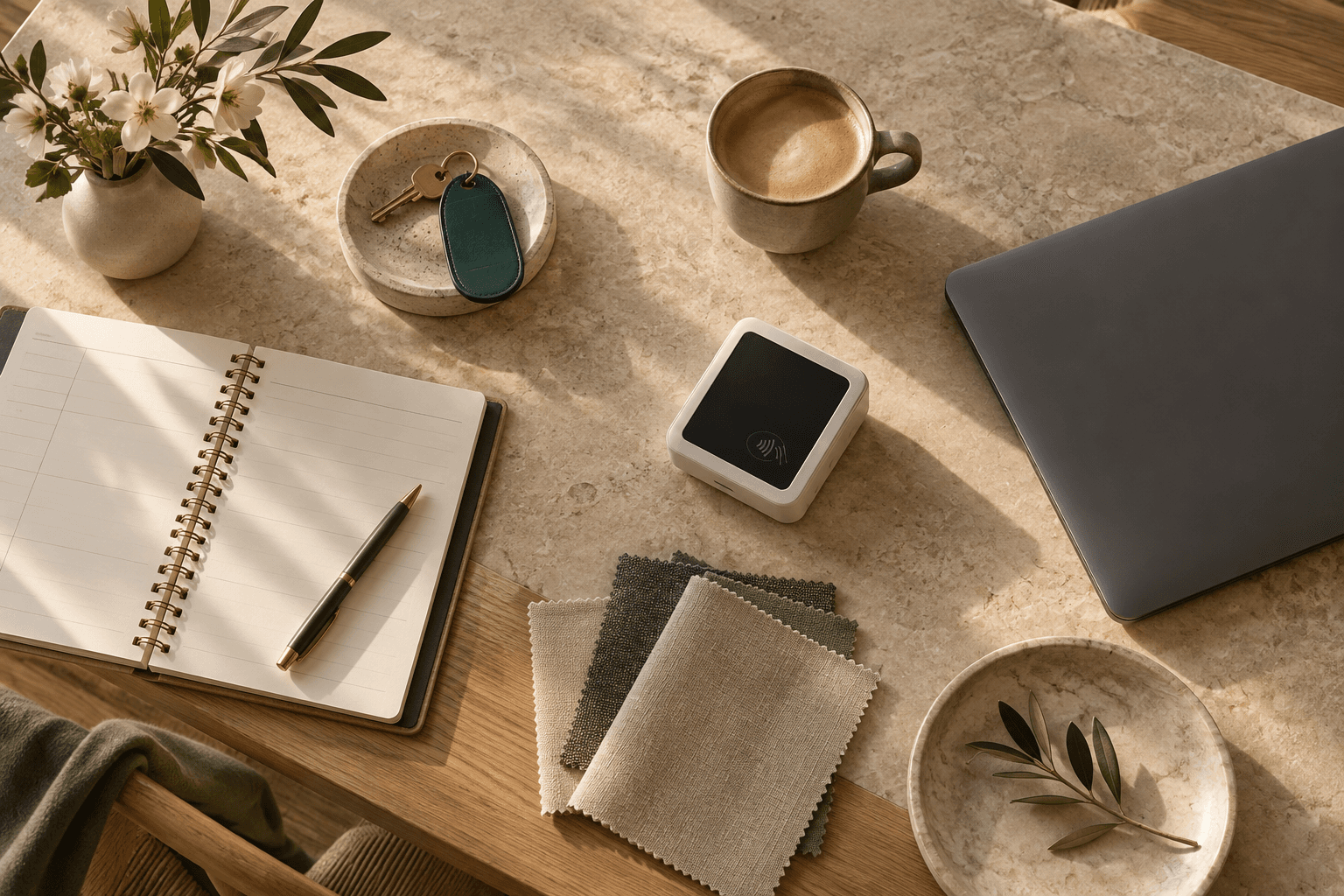 Appointment notebook, payment terminal, fabric samples, room key, and laptop representing service-business operations