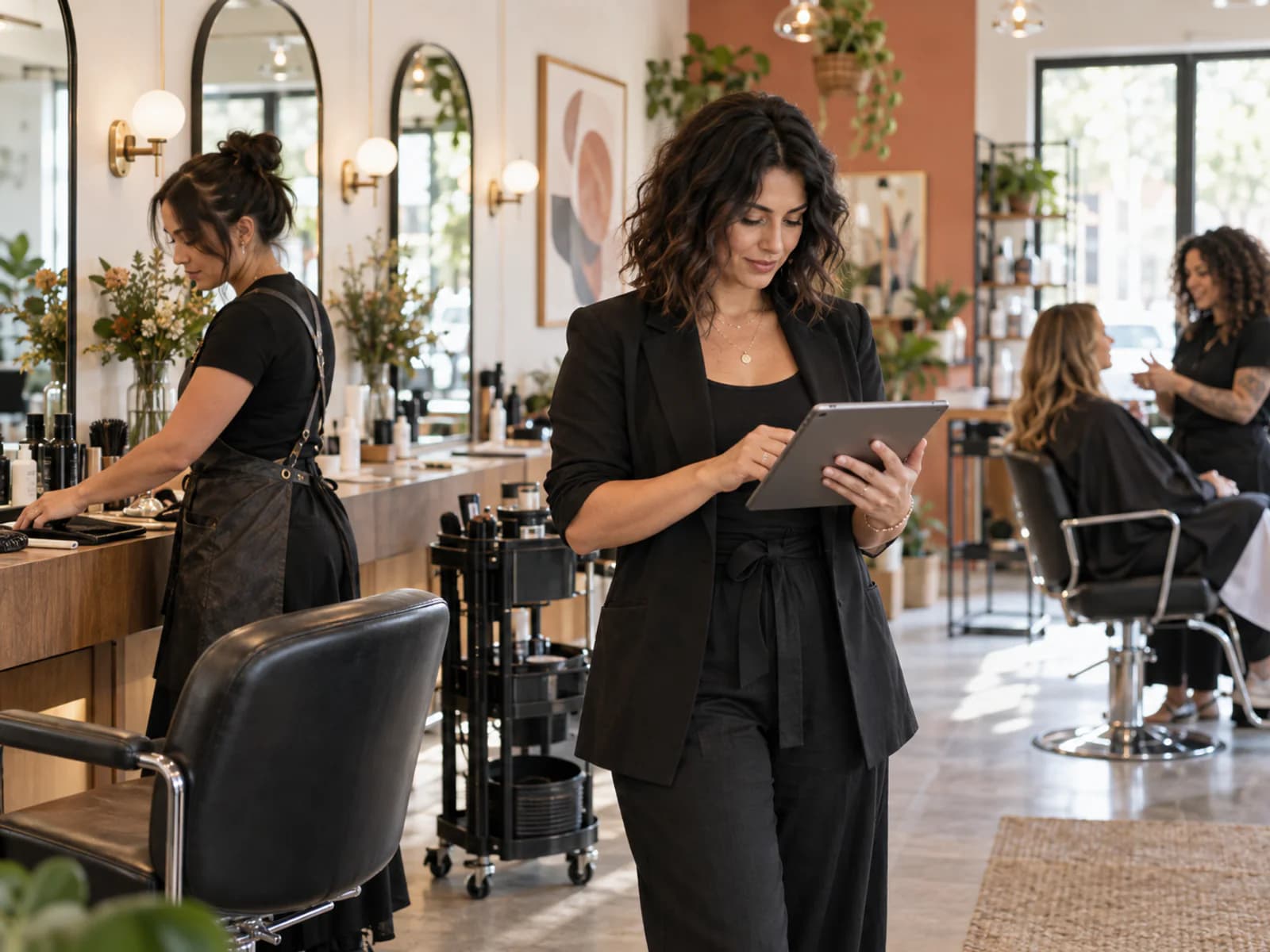 Salon owner and stylist reviewing appointments together at a bright reception counter