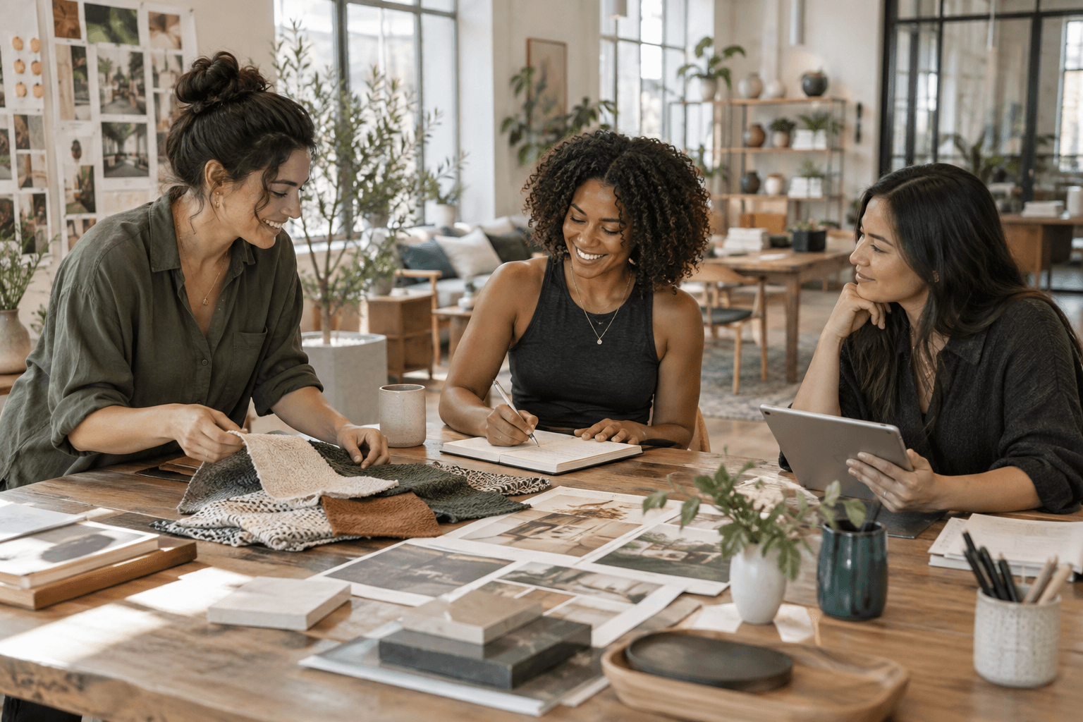 Three service-business owners planning client work together with a tablet, notebook, and material samples