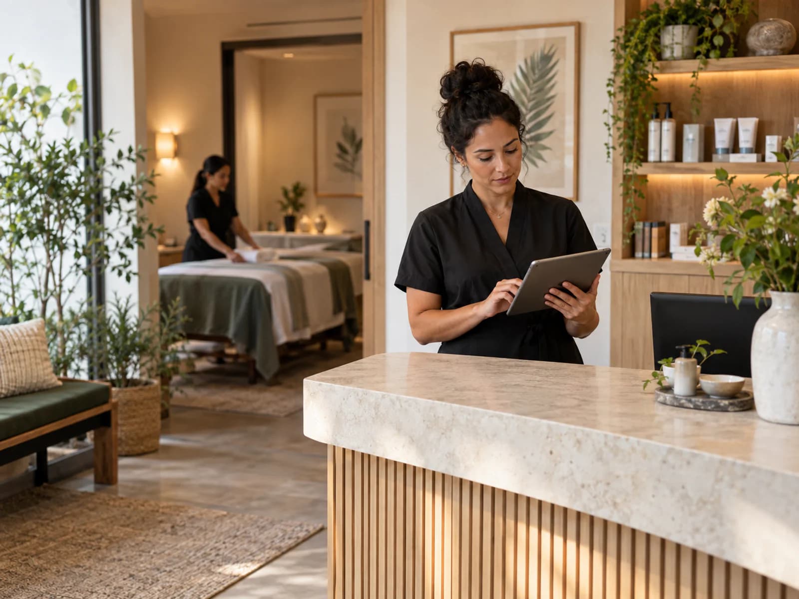 Spa owner and therapist reviewing the appointment schedule on a tablet in a calm reception area